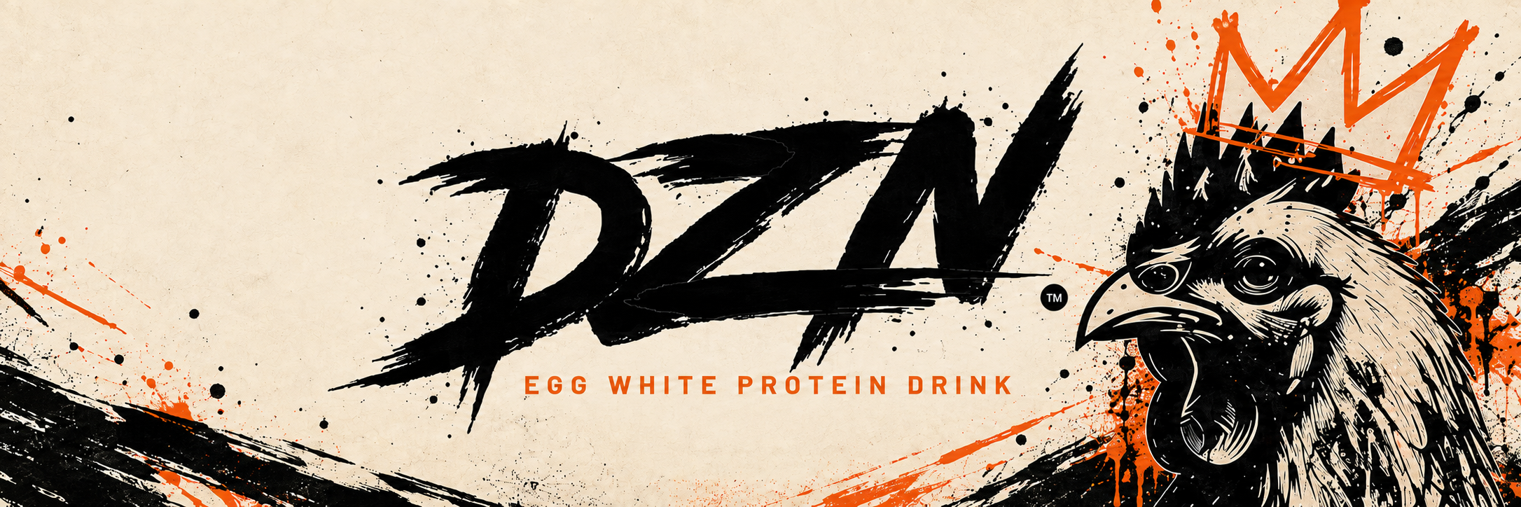 DZN egg white protein drink — crowned rooster and ink-splattered brand artwork